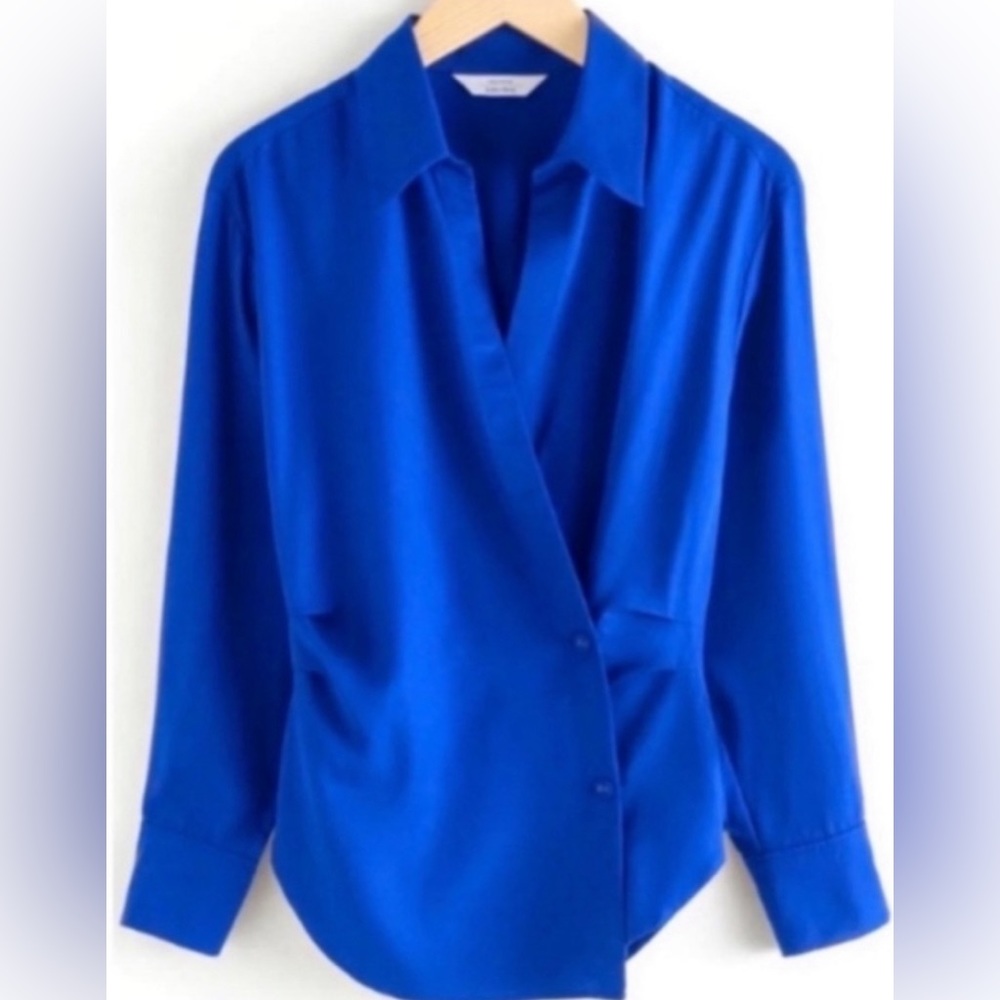 & ORHER STORIES Front Wrap Duo Button Shirt - Cobalt Blue - Size 6
